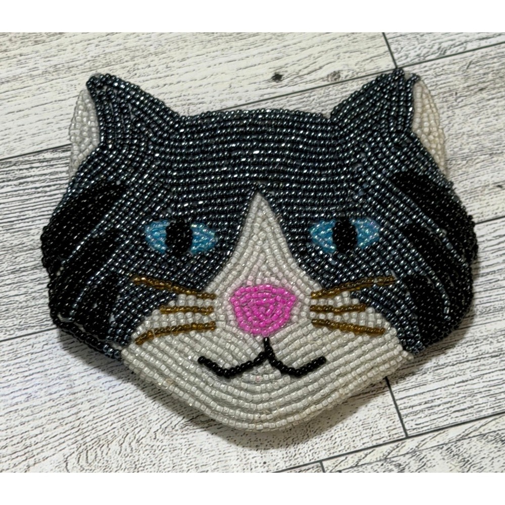 Vintage Tuxedo Cat Beaded Coin Purse Black White Feline Zipper Pouch Accessory
